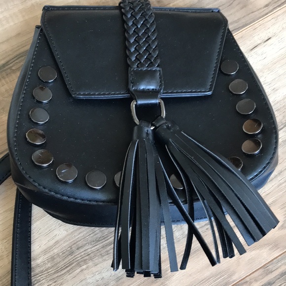 Lionel Black Leather Look Braided and Studded Cross Body Purse with Tassels - Picture 5 of 8